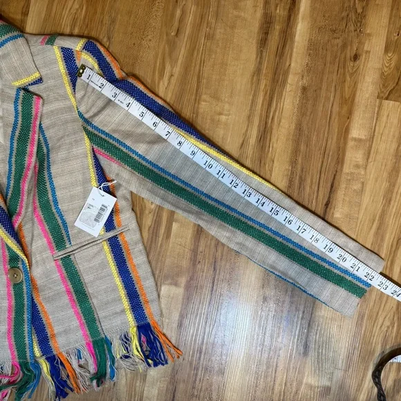 Ecru Striped Linen Fringe Bohemian Blazer Size XS New With Tags - Picture 6 of 9